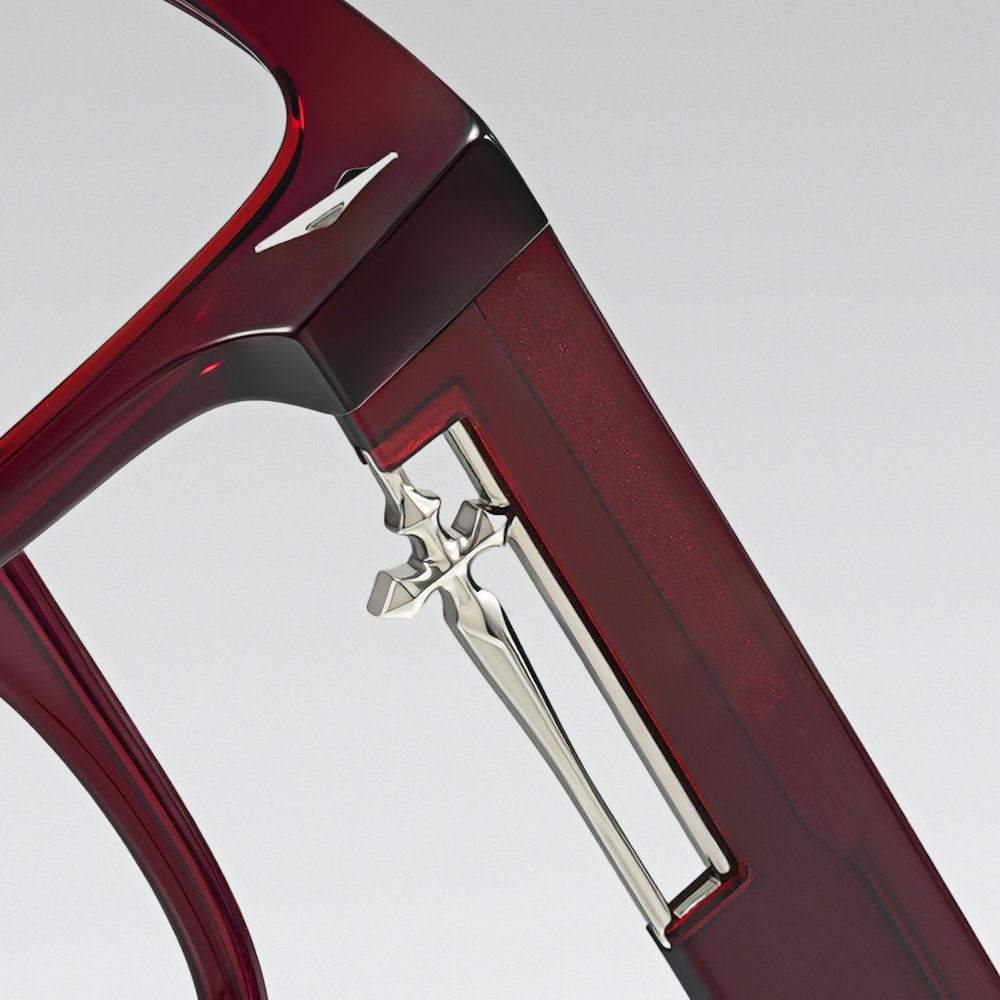 Daybreak Square temple and hinge in Plum Smoke, close-up