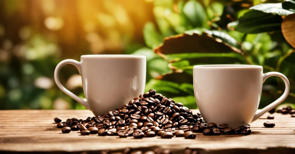 Two white coffee cups with coffee beans on a wooden table